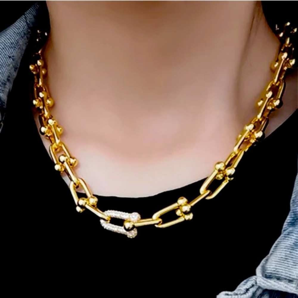 Hardware Large Link Gold Necklace with Rhinestones